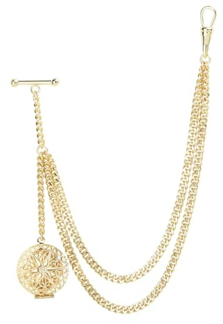 Handmade Albert Pocket Watch Accessory Vintage T-Bar Vest Chain with Locket Pendant Silver & 18K Gold Plated Brass Double Link Gift for Dad Husband