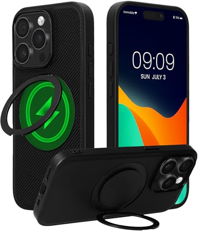 kwmobile Hard Phone Case for Apple iPhone 15 Pro Max Case - Compatible with MagSafe - 360° Rotating Ring Stand - PU Leather Carbon Fibre Texture Black