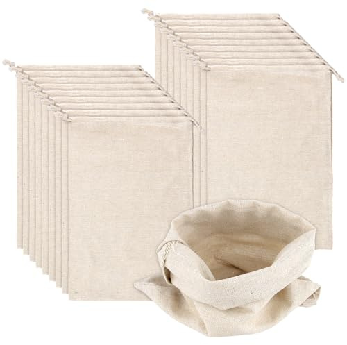 20 Pack Cotton Muslin Produce Bags 20x30cm Drawstring Storage Sacks | JIAYUET Reusable Bread Travel Organizer Pouches, Pull Closure, Multi Use Vegetable Fruit Holder