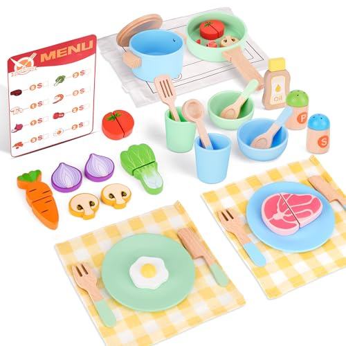 Kinderküche Matschküche Zubehör, Spielküche Zubehör Holz, Kinderküche Zubehör mit Töpfe und Kochgeschirr, Küchenzubehör Kinder Holzspielzeug Geschenk für 3 4 5 Jahre Mädchen Jungen