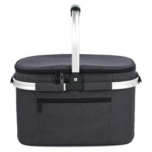 Faltbarer Einkaufskorb mit Deckel – Isolierte Kühltasche & Picknickkorb, Aluminiumrahmen Thermokorb mit gepolsterten Griffen, robuster Faltkorb für Einkauf, Schwarz