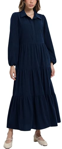 D-Sun Women Corduroy Maxi Dress Casual Long Sleeve Button Down Fall Winter Shirt Long Tiered Flowy Corduroy Dress with Pocket Navy