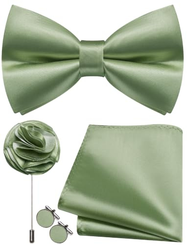 Ailisus Salbei Grün Fliege Herren Vorgebunden Satin Fliege und Einstecktuch mit Ansteckblume Manschettenknöpfe Set für Feste