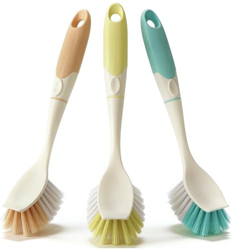 ZOVEXA Washing Up Brush - Ultra Grip Dish Brush with Long Handle for Kitchen - Durable Bristles Cleaning Brush for Pots & Sink - Non-Scratch - Pack of 3