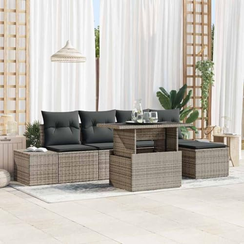 Hoopleep Gartensofa-Set mit Kissen, 6-teilig, Grau, Poly-Rattan, Modulares Outdoor-Sofa mit Stauraum, Höhenverstellbarer Tisch für Terrasse, Balkon, Sitzgruppe