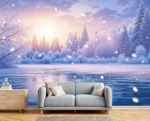Fototapete Sunny Lake 200X140Cm,Tapete Blau-Violett Tapeten Seidenstapete Wohnzimmer Verträumter Winter Schlafzimmer Wandtapete Ornamente Mustertapete
