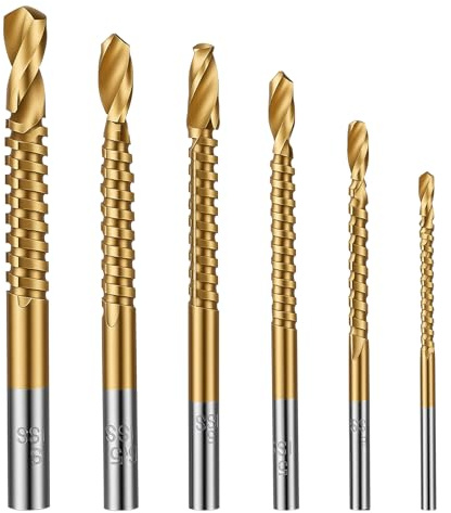 Grevosea 6 Pack Titanium Drill Bit Set, HSS Twist Drill Bits 3/4/5/6/6.5/8mm Serrated Side Cutting Drill Bit for Hard Metal Steel Alloy and Building Engineering Woodworking Tools