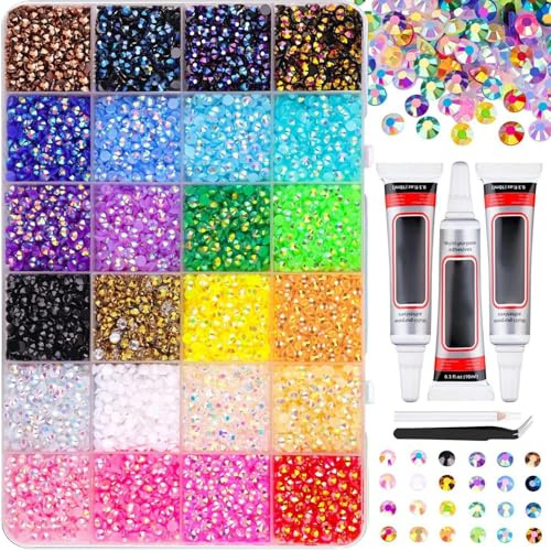 24 Colors Bedazzling Kit, 24000Pcs Resin Nail Art Rhinestones | 3mm Flatback Gems, with Tweezers & Pickup Pen for DIY Nail Art Crafts Clothes Shoes