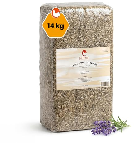 eivolution Hanfeinstreu mit Lavendel - 14 kg Ballen, ca. 140 L | Staubarm, hohe Saugkraft, aus Industriehanf mit natürlichem Lavendelöl - für Hühner, Wachteln und Kleintiere