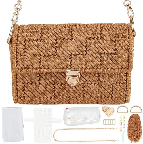 ORIGACH DIY Plastic Canvas Mesh Crochet Bag Kit with Blank Mesh, Khaki | Quilted Flap Shoulder Bag Making Supplies with Metal Chain, Video Tutorials, Embroidery Needlepoint Craft Accessories