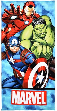 Marvel Avengers Strandtuch und Schwimmbad für Kinder, Baumwolle und Mikrofaser, 70 x 140 cm, Himmelblau mit Iron Man, Hulk und Captain America