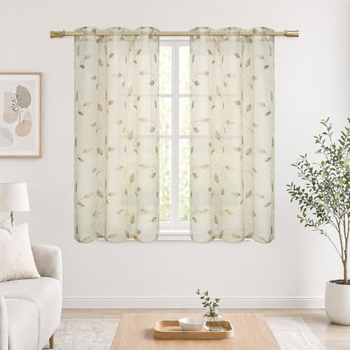 DALINA Visillos Cortina Transparente Ligera con Ojetillos para Ventanas, Puertas y Cocina, Estampada con Ramas y Hojas, Beige, 100An x 140Al cm, 2 Paneles