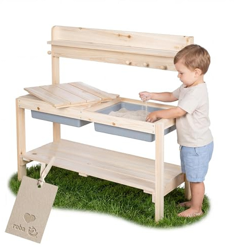 roba Kinder Outdoor+ Gartenküche Fun - Holz - Matschküche mit Abnehmbarer Abdeckung - Natur