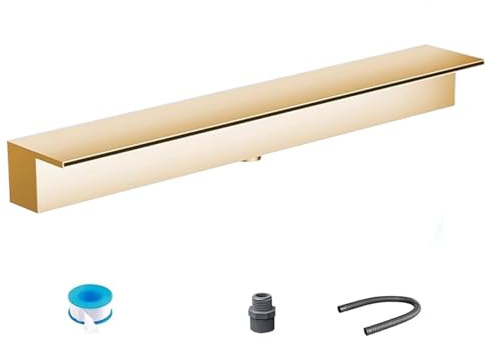 FGNIWAAE 1 Stück anpassbarer Teichüberlauf-Wasserfall-Überlauf aus 304 Edelstahl mit PVC-Anschluss und weichem Schlauch(Golden,135cm)