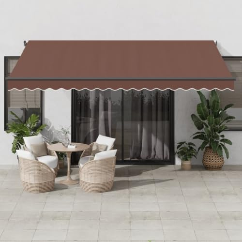 Caltucah Toldo manual de protección solar para balcón y terraza, 450 x 350 cm, tela marrón resistente a los rayos UV, marco de aluminio recubierto de polvo, impermeable, resistente al viento, con