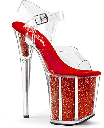 Pleaser FLAMINGO-808G, Damen Offene Sandalen, Transparent (CLR/Red Glitter), 37 EU (4 UK)