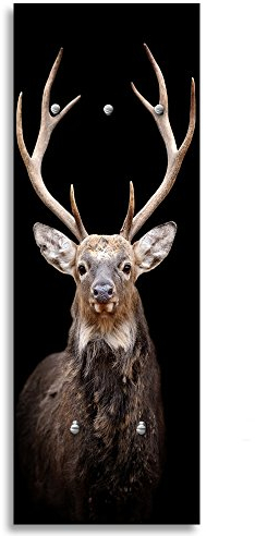 Feeby, Deco Panel Aufhänger, Kleiderhaken, Wandgarderobe, Garderobe, Wandecor Bilder mit hänger, 5 Haken, Hirsch, Tier, GEWEIH, BRAUN, SCHWARZ