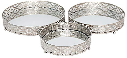 Carousel Home and Gifts Set of 3 Silver Metal Mirror Candle Plate Decorative Tray ~ Centerpiece, Perfume tray, Mirrored Tray