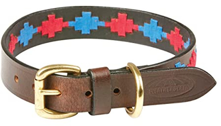 WeatherBeeta Polo Leather Dog Collar, Beaufort Brown/Pink/Blue, Small