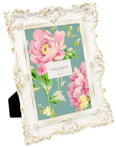 Laura Ashley Bilderrahmen aus Kunstharz, kunstvoll, handgefertigt, mit Staffelei und Haken, für Tisch- und Wanddekoration, Blumendesign, Heimdekoration, Fotogalerie, Kunst, Weiß/Gold, 12,7 x 17,8 cm