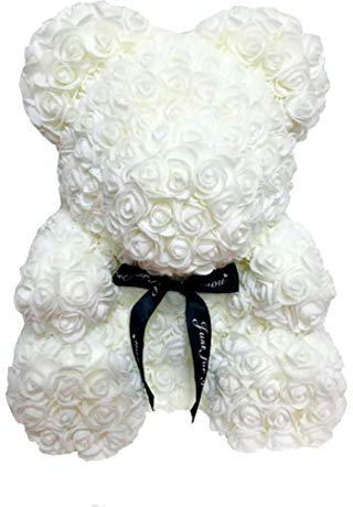 Xegendeiu Ours en Rose Artificielle Eternelle Rose en Mousse Ours Floral Cadeau Créatif Romantique pour Anniversaire Fêtes des Mères (Blanc, 40cm)