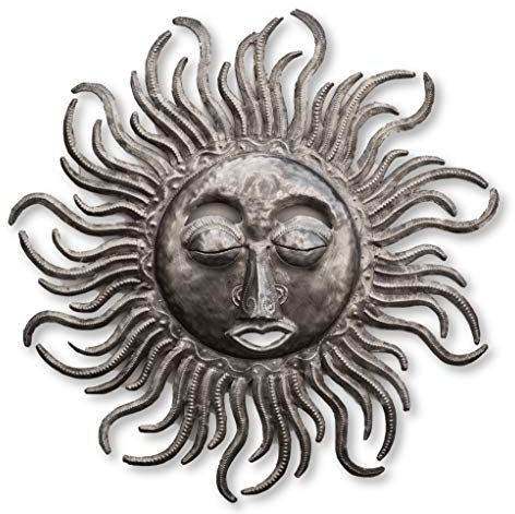 Windblown Sun, medallón de bronce plateado para colgar en la pared, hecho a mano en Haití, 23 x 23 pulgadas