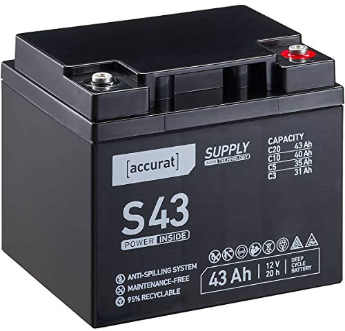Accurat AGM Batterie S43-12V, 43Ah, zyklenfest, wartungsfrei - VRLA Versorgungsbatterie, Blei Akku, Solarbatterie, Bootsbatterie für Wohnmobil, Wohnwagen, Camper, Bootsbatterie