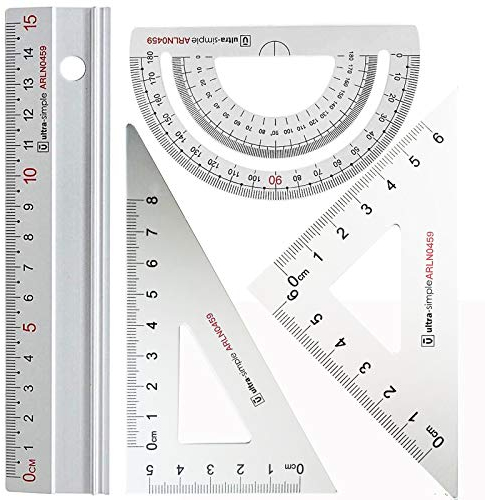Metallo Architetti Scala Righello Impostato- Rodmaie 4 PCS Tecnico Tecnico Impostato, Matematica Geometria Attrezzo, Goniometro, Triangolare,righello 15 cm metallo (argento)
