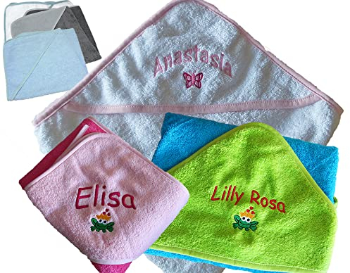Baby Kinder Kapuzenhandtuch/Kapuzenbadetuch mit Namen & Geburtsdaten/Motiv, Sternzeichen UVM.. Bestickt individuell personalisiert (7 Farben zur Auswahl)