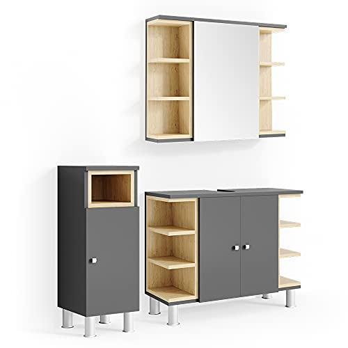 Vicco Badmöbel-Set Aquis, Badezimmerschrank-Set, Anthrazit/Sonoma, 3 Teile