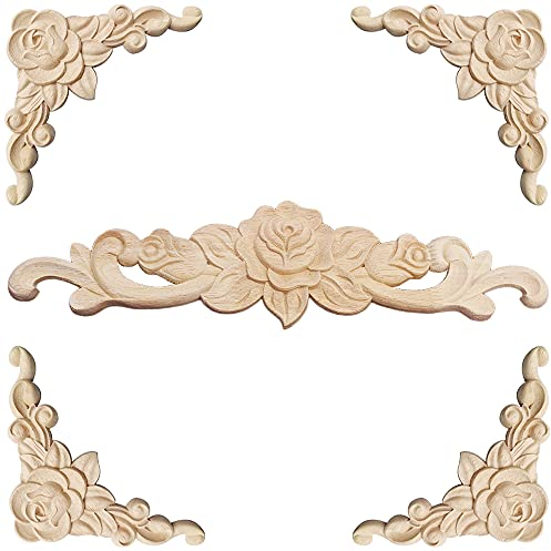 Gativs Holzornamente für Möbel 5 Stück Holzornament Holz Ornamente Zierleisten Holz Skulptur Corner Holzornamente Ecke Holzschnitzerei Applique Ornament Holz Möbel Wanddeko Holz