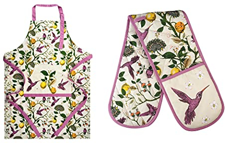 SiXsigma Sports Cooking Chefs Apron's With Double Oven Gloves - Quick Dry Kitchen Cotton Aprons For Cooking, Baking & BBQ Grill - Perfect Mothers Day Gifts (Hummingbirds Apron & Double Oven Gloves)