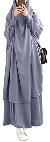 Onsoyours Damen Muslimisches Zweiteiliges Gebetskleid Maxi Kleid für Frauen Abaya Kleid Islamischer Naher Osten Dubai Türkei Abaya Kaftan Länge Hijab Kleid A Grau Einheitsgröße