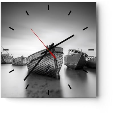 Modern Wanduhr Łódź Wrack Schiff 30x30cm Quadrat Klein Wand Uhr Glas Analog Zimmeruhren Küche Büro Wohnzimmer Glasuhr Wall Clock Dekoration Design Wanddekoration Küchenuhr C3AC30x30-4999