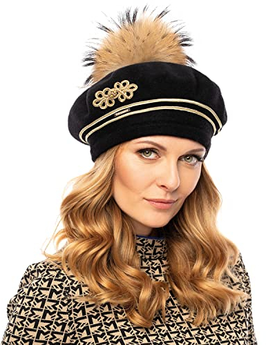 VIVISENCE Damen Baskenmütze Für Winter Handgefertigte Herbst Mütze Aus Schurwolle and Abnehmbarem Bommel Für Frauen Innenfutter Aus Vlies Perfekt Für Kalte Wintertage Modell, Schwarz,Einheitsgröße