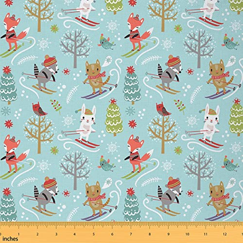 Waldtiere Stoff Meterware Weihnachtsbaum Ski Polsterstoff Weihnachts Schneeflocke Fuchs Eule Kaninchen Dekorstoff Tierwelt Drinnen Draußen Stoff DIY Kunst Wasserdichter Stoff Blau Rot 92 x 150 (HxB)