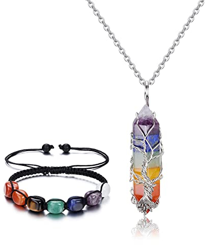 JSDDE Chakra Anhänger Halskette mit Chakra Armband Schmuckset Heilsteine Kette Lebensbaum Wicklung Sechseckige Säule Anhänger Kette Amulett Anhänger Reiki Glücksbringer Schmuck