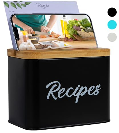 ArtEight Rezeptbox – Schwarz – 10,2 x 15,2 cm Rezeptkarten und Box-Set – langlebige Rezeptkarten-Box mit dickerem Metall – inklusive 25 Karten und 10 Trennwänden – schöne Rezeptbox mit Karten und