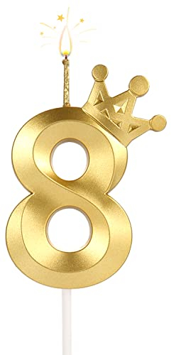 8cm Geburtstagskerzen für Torte, 3D Zahlen Geburtstagskerzen mit Kronendekor Groß Tortenaufsatz Zahlenkerzen für Torte Hochzeit Jubiläum Abschlussfeier Festivalparty (Gold, 8)