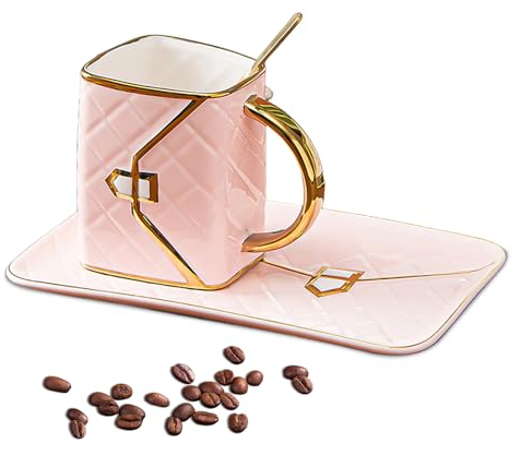 YIDM Kaffeetasse Und Untertasse Aus Keramik Handtaschen-Förmige Kreative Tasse Teetasse Mit Untertasse Kaffeetasse Set Keramik Espresso Becher für Kollegin, Tochter, Abschlussgeschenke (Rosa)