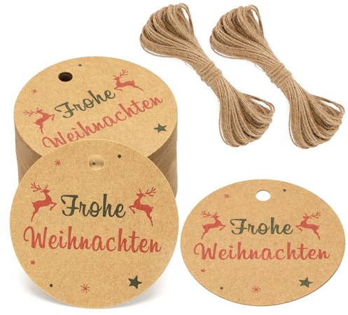 G2PLUS Frohe Weihnachten Geschenkanhänger Braun, Anhänger Frohe Weihnachten Papier, 5.5cm Weihnachten Rund Anhänger, 100 Stück Etiketten für Weihnachten Adventskalende Deko