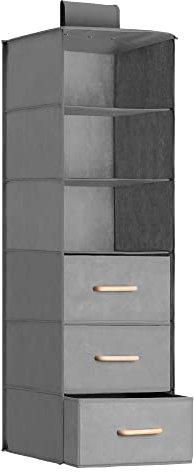 Navaris Hanging Wardrobe Organiser with Drawers - Storage with 6 Shelves and 3 Drawers with Wooden Handles - Clothes Rail Organisation for Wardrobes