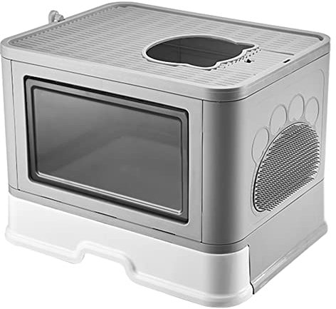Lettiera per Gatti XXL Chiusa - Grande Casa di Toilette Pieghevole Con Coperchio, Cassetto e Pala - WC in PP, 48,5 x 36,5 x 38 cm (Grigio)