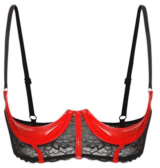 Fldy Womens Sexy Half Cup Bra Open Nipple Lingerie Bra Top Patent Leather Underwired Unlined Brassiere Red C M