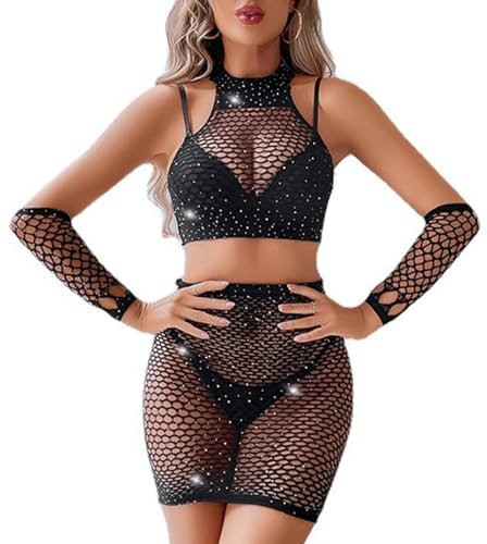 JFAN Conjunto Mujer Lenceria de Rejilla Lencería Malla Mujer Vestido de Rejilla con Brillantes Ropa Interior Dormir con Mangas Mini Vestido Fishnet Lingerie Dress Talla única