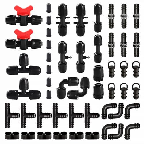 VooGenzek 52 Piezas Juego de Accesorios de Irrigación para Tubo 13/16 mm a 4/7 mm, Conectores de Púas de Manguera para Sistemas de Riego, Válvulas de Compuerta, Tees, 6 Vías, Rectos, Codos, Negro