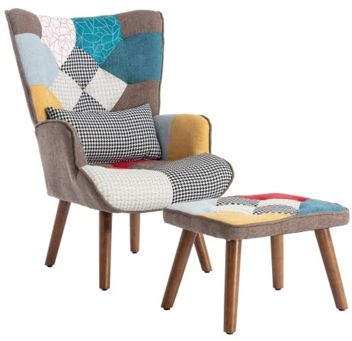 HAINEW Relaxsessel Ohrensessel mit Hocker, Fernsehsessel Polsterstuhl Sessel Akzent Stuhl Lesestuhl Lesesessel Armlehnensessel Cocktailsessel für Schlafzimmer und Wohnzimmer, Bunt