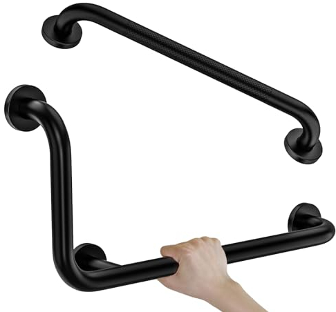 Barre d'appui en forme de L noire 30,5 x 61 cm + barre d'appui moletée de 50,8 cm, barre de sécurité Zepolu en acier inoxydable pour toilettes à 90 degrés, barre d'aide à l'équilibre pour personnes