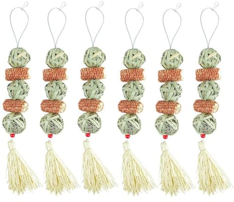 AMIUHOUN 6 Piezas Bola de Paja Natural Cuerda Colgante Molares de Conejo para Mascotas Juguetes para Aliviar el Aburrimiento Accesorios para HáMster Productos para Mascotas