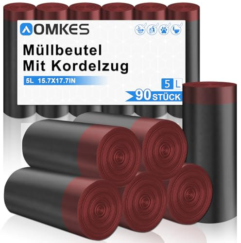 AOMKES Schwarz Müllbeutel 5l mit Zugband Kleine Mülltüten 90 Stück Blickdicht Müllsäcke Reißfest Abfallbeutel